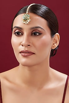 Gold Plated Green Kundan & Pearl Maang Tikka