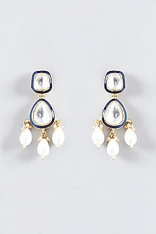 Gold Plated Kundan Polki & Pearl Meenakari Dangler Earrings
