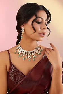 Gold Plated Kundan Polki & Beaded Choker Necklace Set