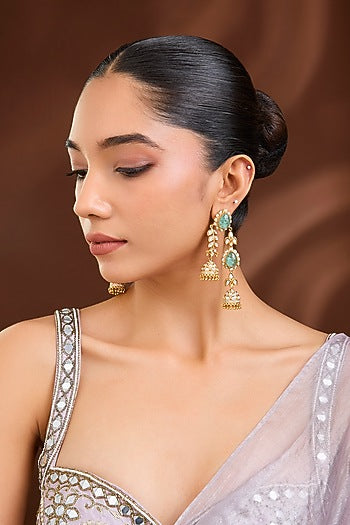 Gold Plated Kundan Polki Long Hanging Earrings
