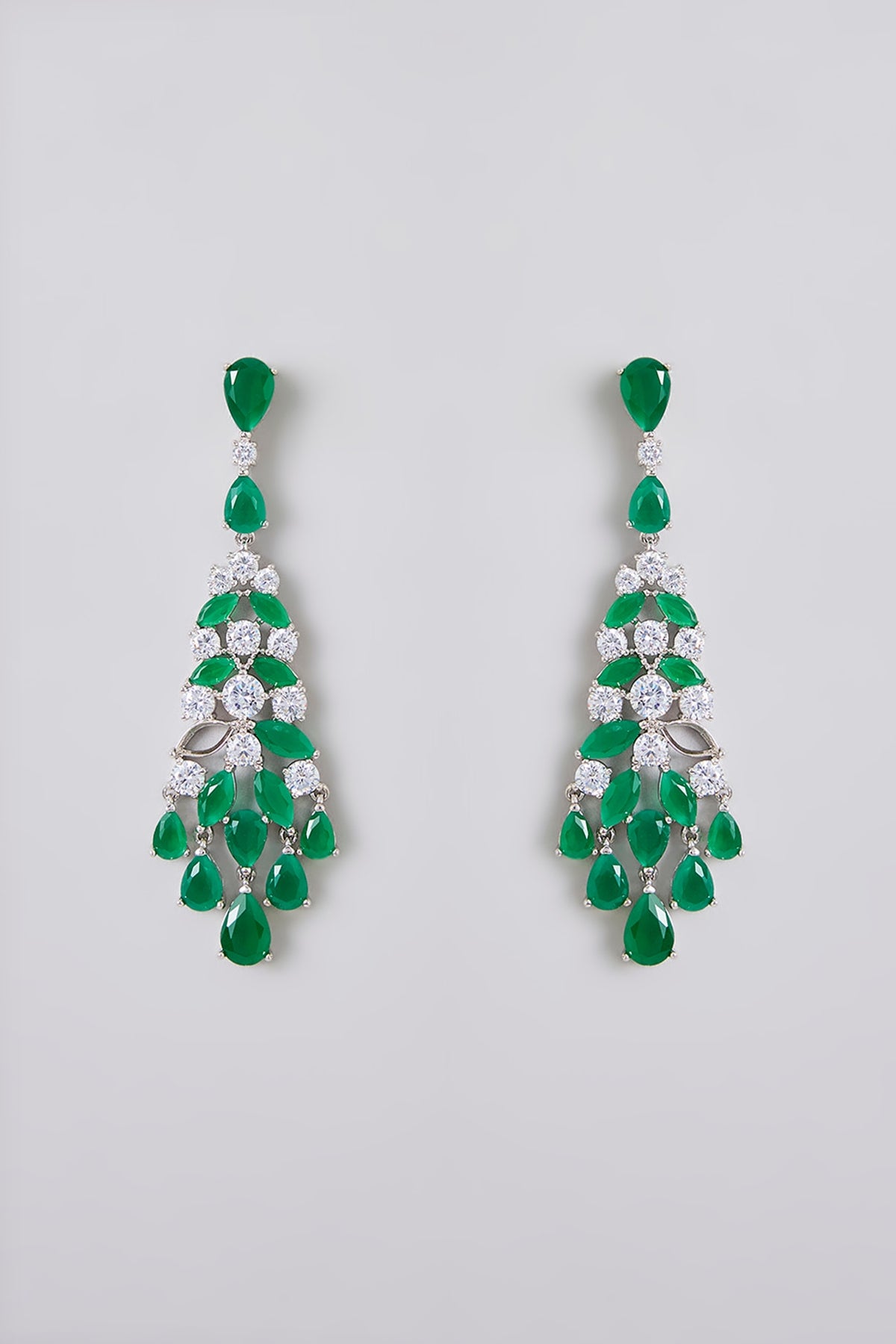 White Rhodium Finish White & Green Stone Dangler Earrings