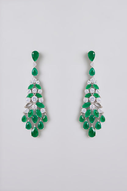 White Rhodium Finish White & Green Stone Dangler Earrings