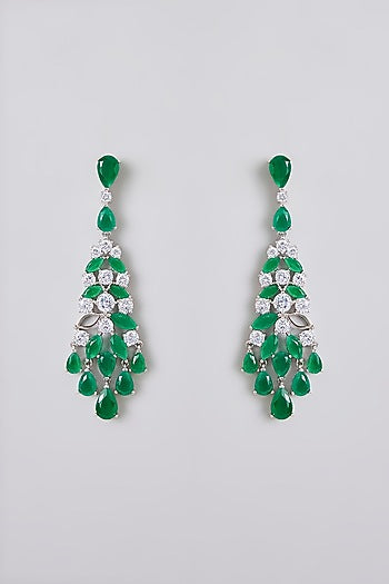 White Rhodium Finish White & Green Stone Dangler Earrings