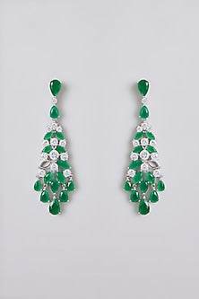 White Rhodium Finish White & Green Stone Dangler Earrings