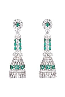 White Finish Stone & Emerald Long Earrings