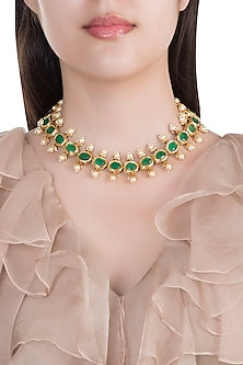 Antique Gold Plated Kundan, Emerald & Pearl Necklace