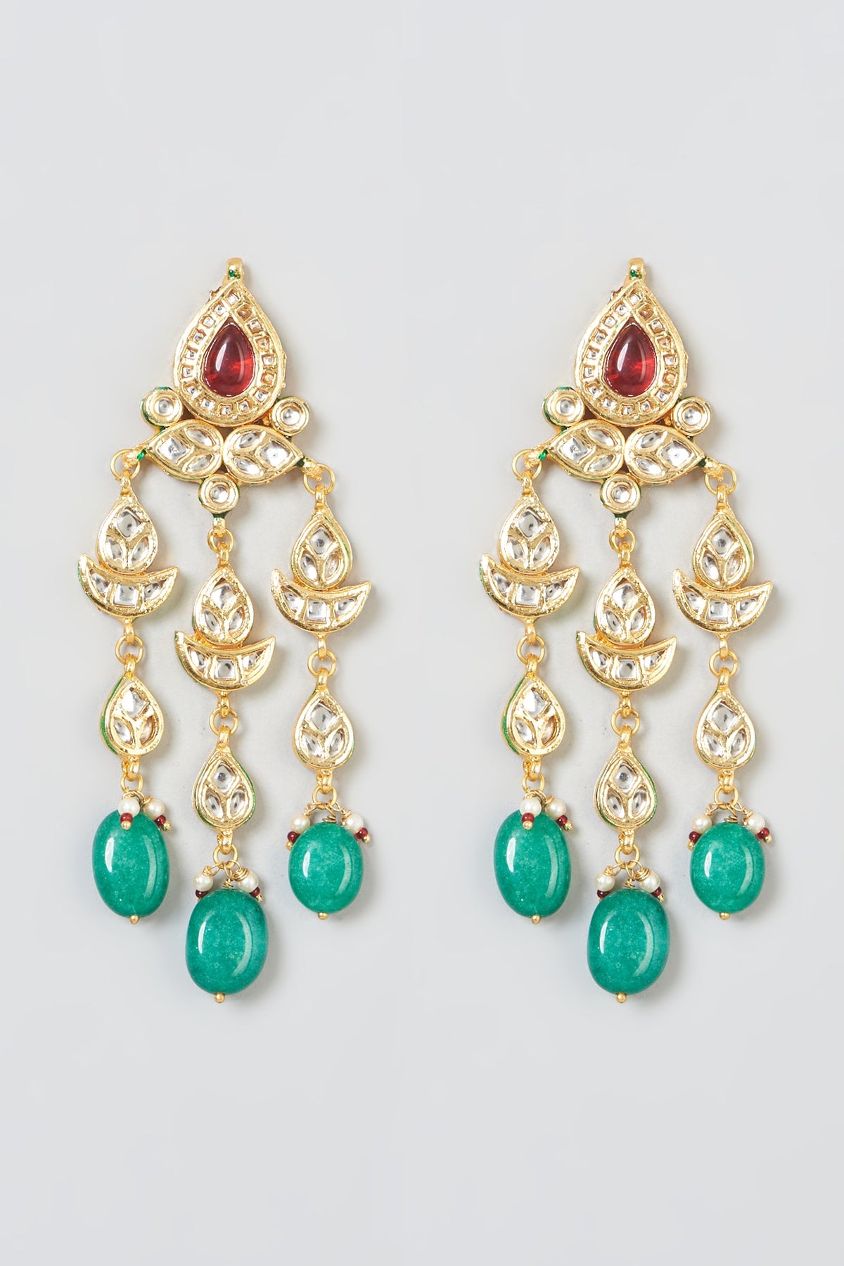 Gold Plated Ruby Stone & Green Drop Dangler Earrings