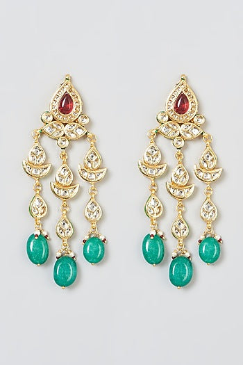 Gold Plated Ruby Stone & Green Drop Dangler Earrings