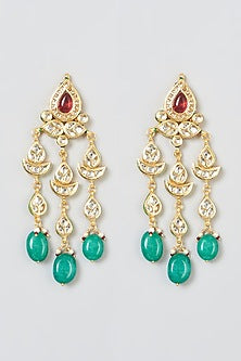 Gold Plated Ruby Stone & Green Drop Dangler Earrings