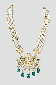 Gold Plated Pearl & Green Bead Drop Long Necklace