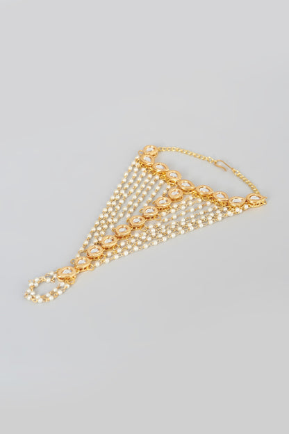 Gold Plated Kundan Polki & Pearl Haathphool