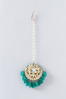 Gold Plated Kundan Polki & Green Beads Maang Tikka