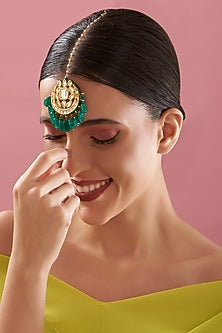 Gold Plated Kundan Polki & Green Beads Maang Tikka