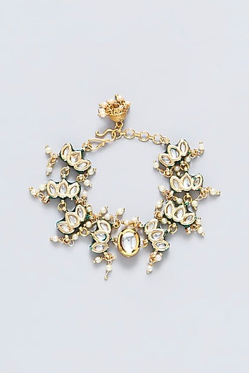 Gold Plated Kundan Polki Enamelled Green Meenakari Openable Bracelet