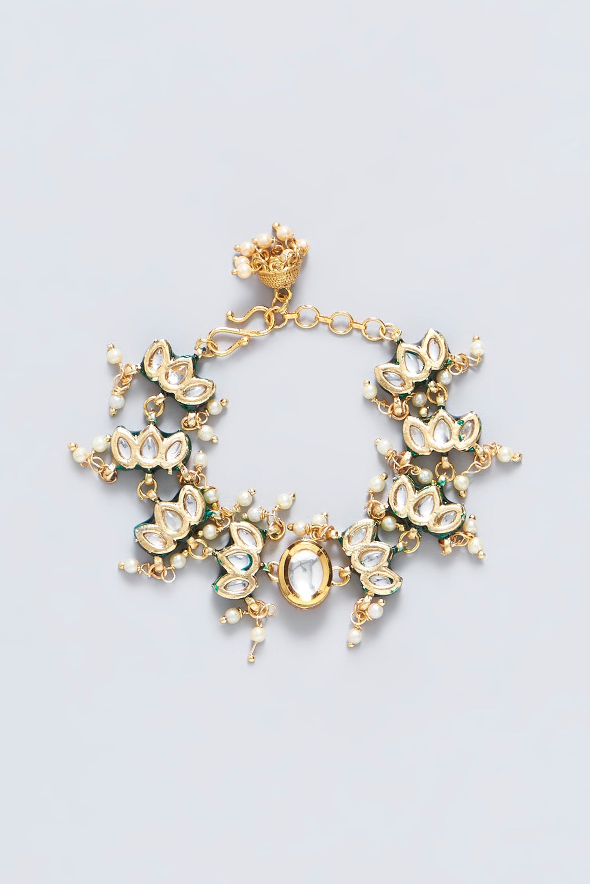 Gold Plated Kundan Polki Enamelled Green Meenakari Openable Bracelet