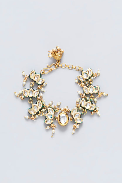Gold Plated Kundan Polki Enamelled Green Meenakari Openable Bracelet
