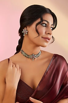Oxidised Finish Multi-Colored Stone Choker Necklace Set