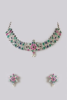 Oxidised Finish Multi-Colored Stone Choker Necklace Set