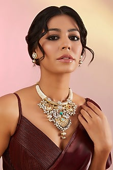 Oxidised Finish Multi-Colored Stone Choker Necklace Set