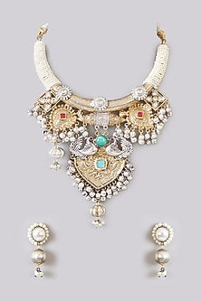 Oxidised Finish Multi-Colored Stone Choker Necklace Set