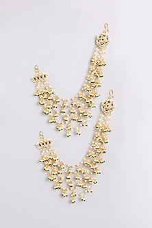 Gold Plated Kundan Polki & Pearl Kaan Chain Earrings
