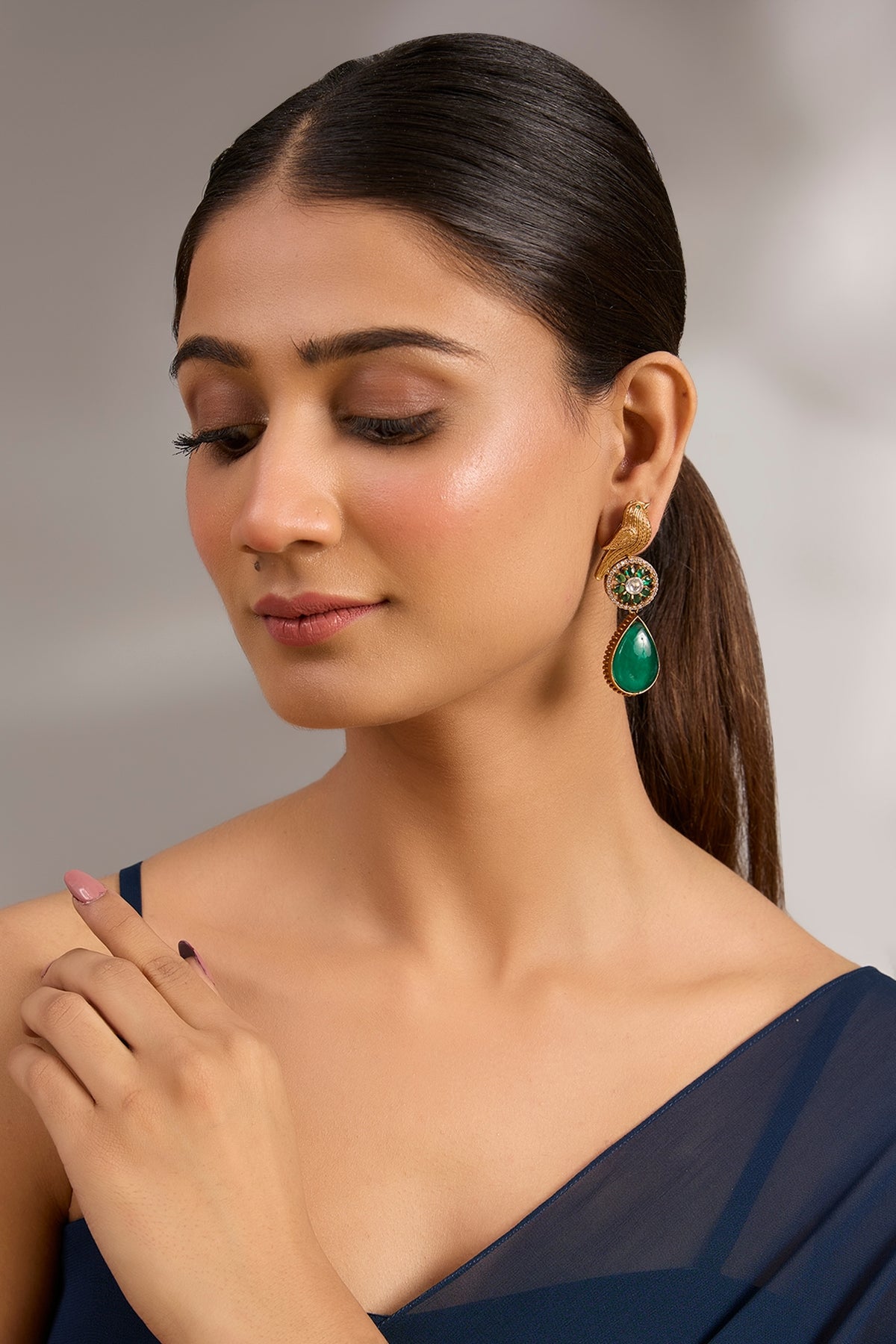 Gold Plated Green Stone Bird Dangler Earrings