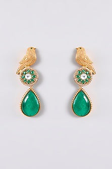 Gold Plated Green Stone Bird Dangler Earrings