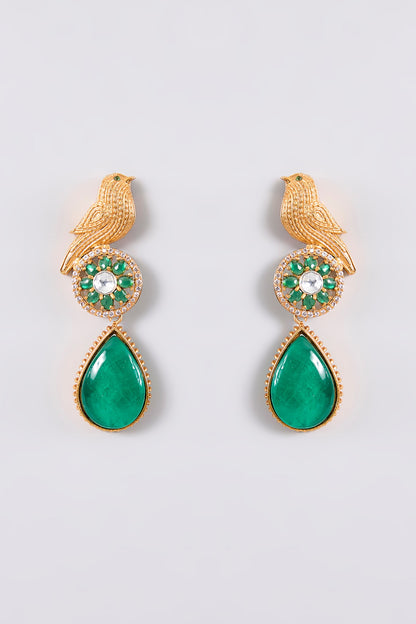 Gold Plated Green Stone Bird Dangler Earrings