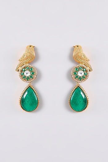 Gold Plated Green Stone Bird Dangler Earrings
