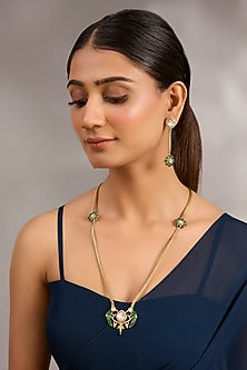 Gold Plated Green Kundan Polki Long Necklace Set