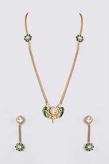 Gold Plated Green Kundan Polki Long Necklace Set