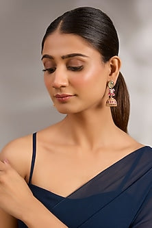 Gold Plated Light Green & Pink Stone Jhumka Earrings