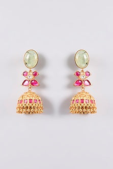 Gold Plated Light Green & Pink Stone Jhumka Earrings