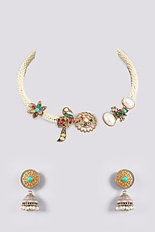 Silver Finish Multi-Colored Stone & Pearl Hasli Necklace
