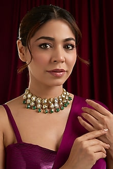 Gold Plated Kundan Polki & Beaded Choker Necklace