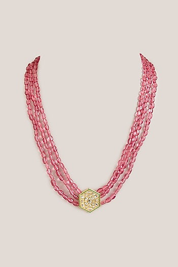 Gold Plated Bead & Synthetic Stone Layered Pendant Necklace Set