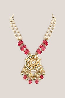 Gold Plated Kundan Polki & Ruby Beaded Pendant Necklace
