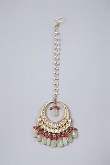 Gold Plated Mint Green & Light Red Beaded Maang Tikka