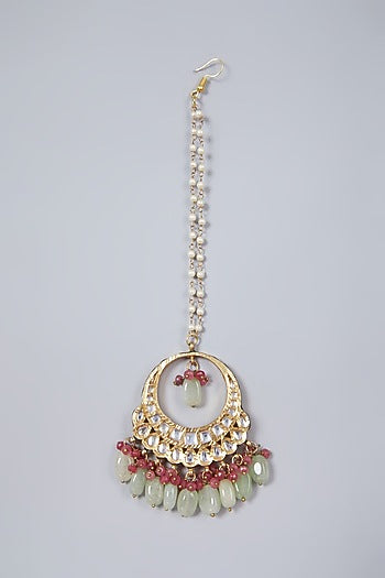 Gold Plated Mint Green & Light Red Beaded Maang Tikka