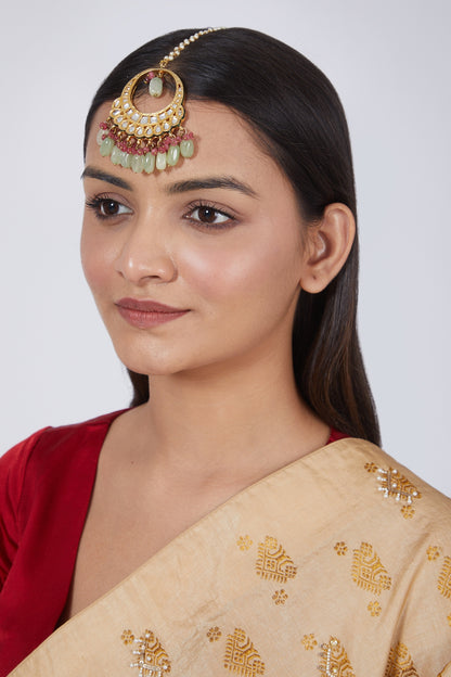 Gold Plated Mint Green & Light Red Beaded Maang Tikka