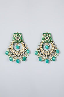 Gold Plated Kundan Polki & Green Beaded Chandbali Earrings