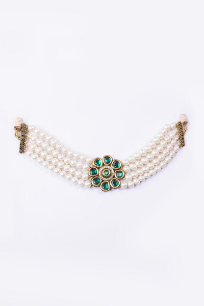 Gold Plated Green Stone & Pearl Choker Necklace