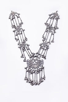 Oxidised Silver Finish Long Necklace With Tassels