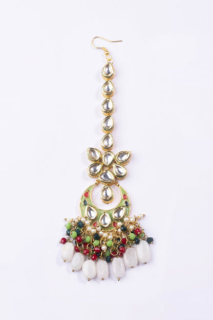 Gold Plated Kundan & Beaded Enamel Maangtikka