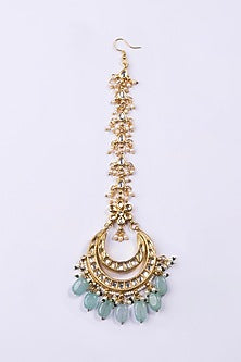 Gold Plated Kundan & Green Bead Maangtikka