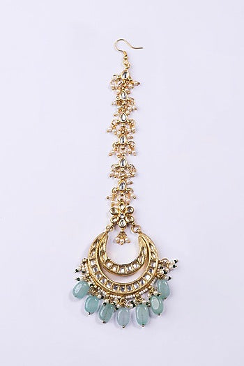 Gold Plated Kundan & Green Bead Maangtikka