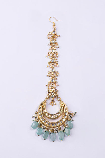 Gold Plated Kundan & Green Bead Maangtikka