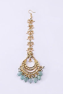 Gold Plated Kundan & Green Bead Maangtikka