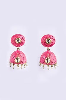 Gold Plated Pink Kundan Polki Jhumka Earrings