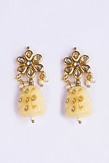 Gold Plated Kundan & Yellow Stone Floral Dangler Earrings